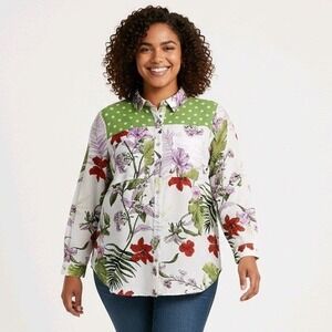 Fig &‎ Flower Tropical Floral Print Polka Dot Button Up Shirt Tunic Blouse 2X